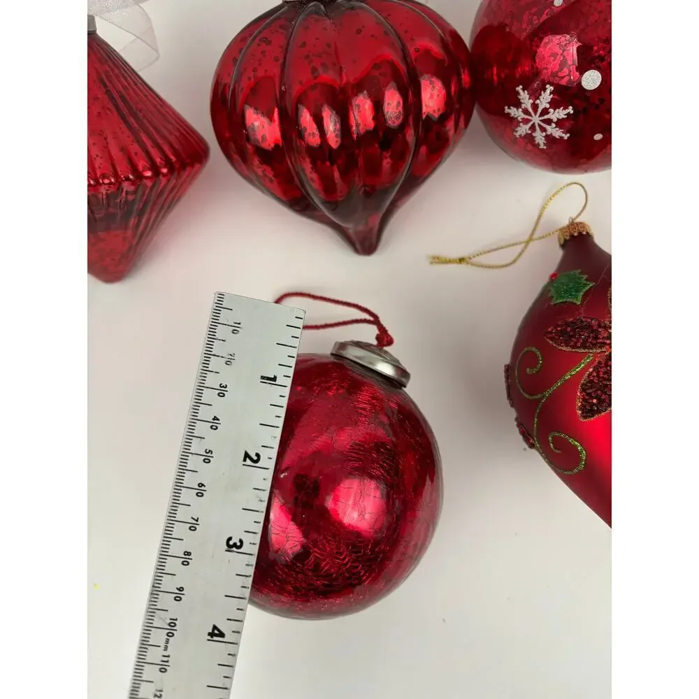 VTG Lot of 6 Glitter Glass Ornaments Round‎ Sphere Red Gold Heavy Tree Decor